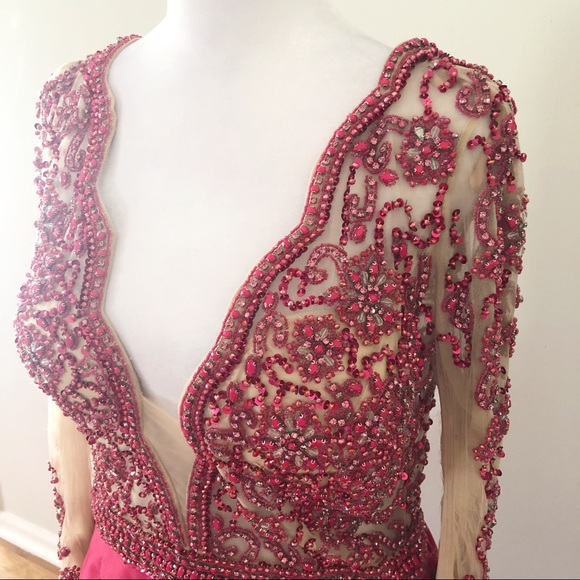 Jovani Pink Red Jeweled Long Sleeve Mermaid Dress 14 Formal Pageant Prom 46708 - Picture 4 of 13